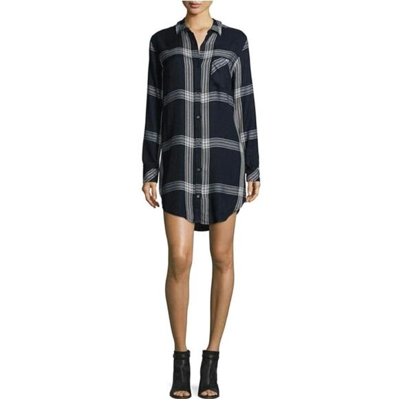 Rails Plaid Navy Blue White High Low Long Sleeve Button Down Shirtdress Size S - Picture 4 of 16